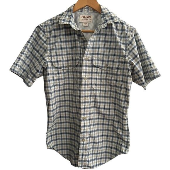 Filson Plaid Short Sleeve Vented Shirt Mens XS Navy Gold Outdoor Travel Fishing - Picture 1 of 7